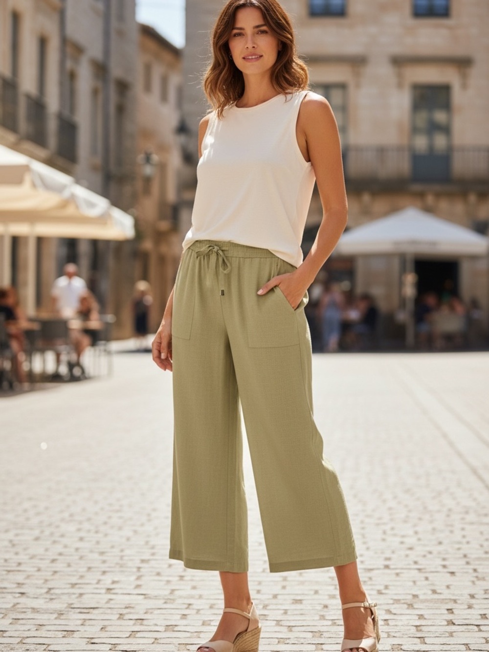 Drawstring Wide-Leg Crop Pants in chartreuse